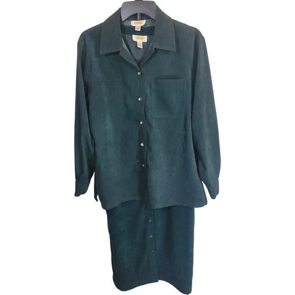 Talbots 2 Piece Suit Green Velvet Button Down Shirt & Dress Women's 6 Petite - Picture 1 of 15